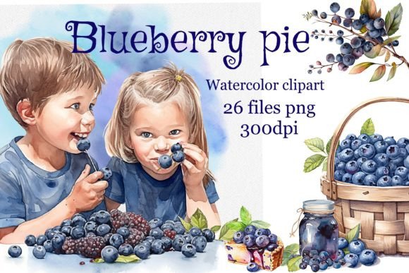 Blueberry Pie. Watercolor Clipart.