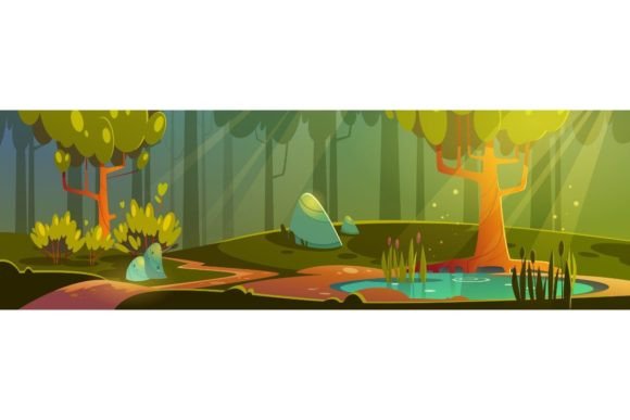 Cartoon Forest Background with Pond or Swamp: A Visual Solution for Creative Projects